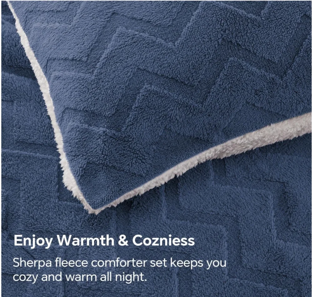 BEDELITE Fluffy Queen Comforter Set - Super Soft Sherpa Navy Comforter *NEW*
